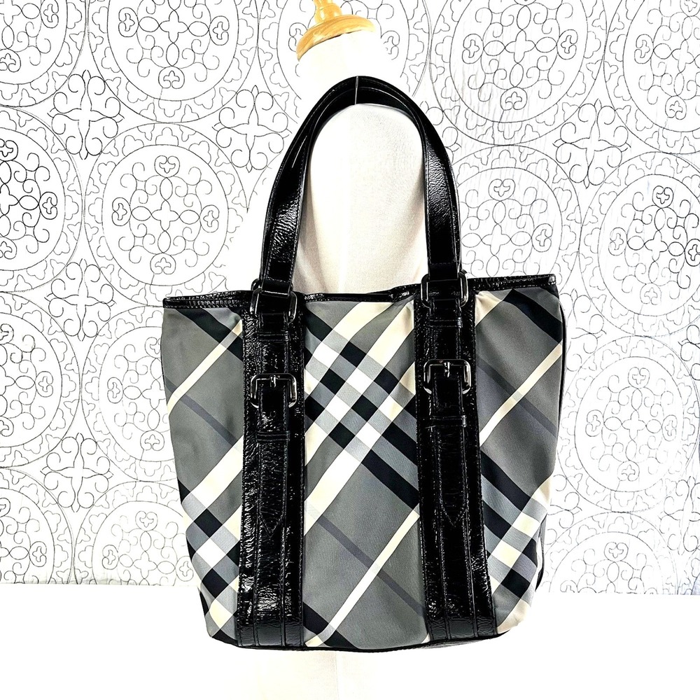 Burberry Black Gray and White Plaid Tote